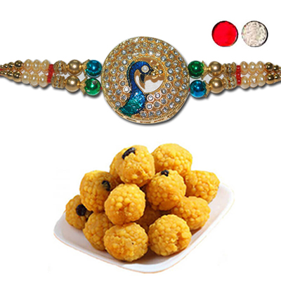 "Rakhi - SR-9140 A (Single Rakhi), 500gms of Laddu - Click here to View more details about this Product